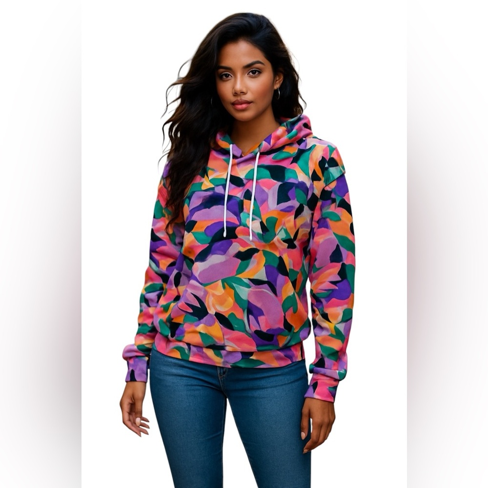 Isabella Active Elastic Waist Colorful Abstract Hoodie Activewear Casual Size L